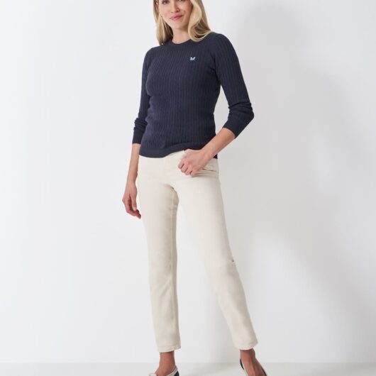Crew Clothing Cotton Rich Cable Knit Crew Neck Jumper Navy