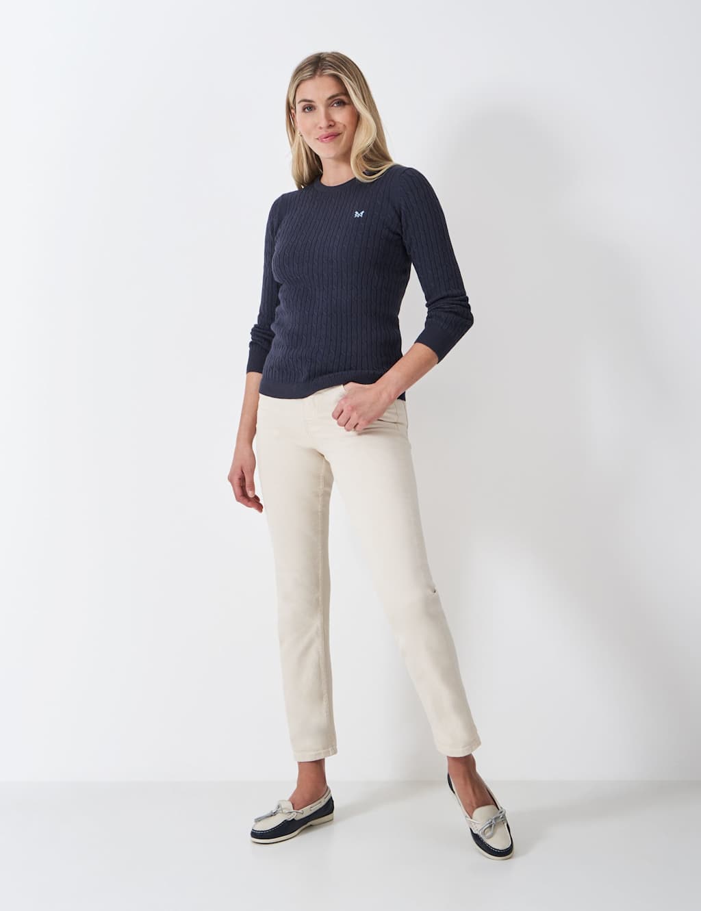 Crew Clothing Cotton Rich Cable Knit Crew Neck Jumper Navy