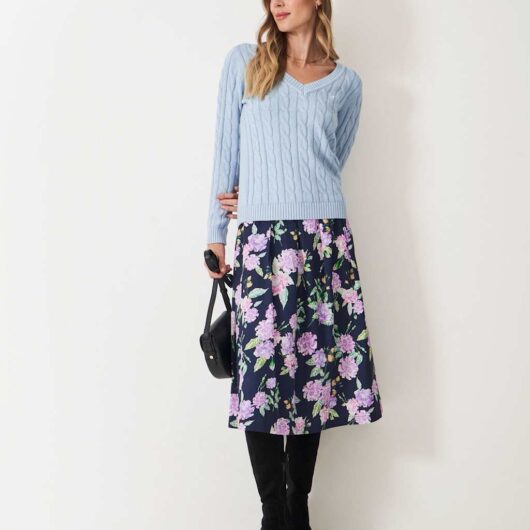 Crew Clothing Cotton Rich Cable Knit V-Neck Jumper Blue Marl