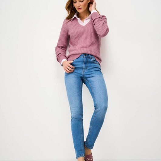 Crew Clothing Cotton Rich Cable Knit V-Neck Jumper Pink