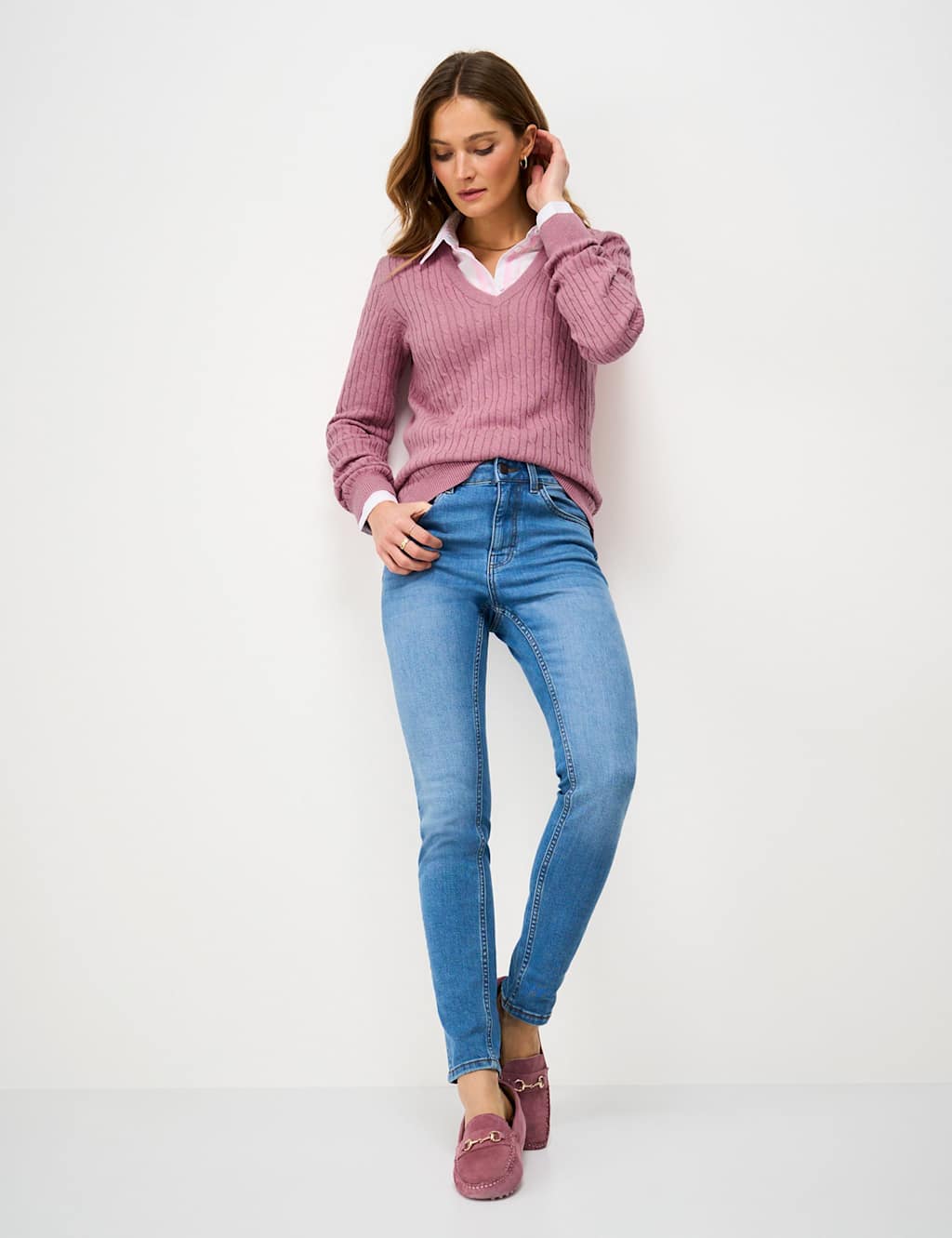Crew Clothing Cotton Rich Cable Knit V-Neck Jumper Pink