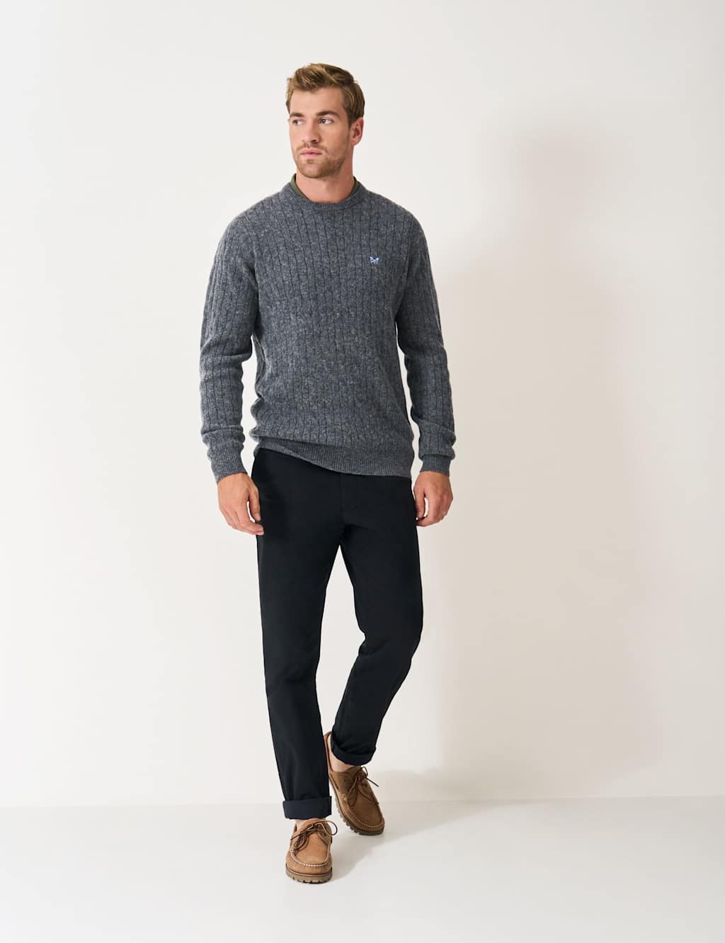 Crew Clothing Lambswool Rich Cable Crew Neck Jumper Charcoal