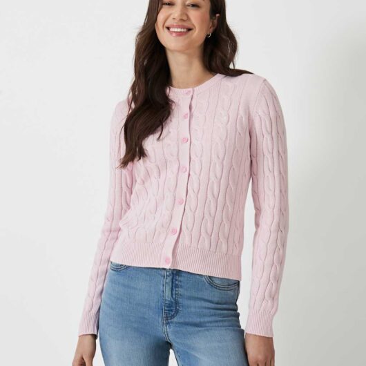 Crew Clothing Pure Cotton Cable Knit Crew Neck Cardigan Light Pink