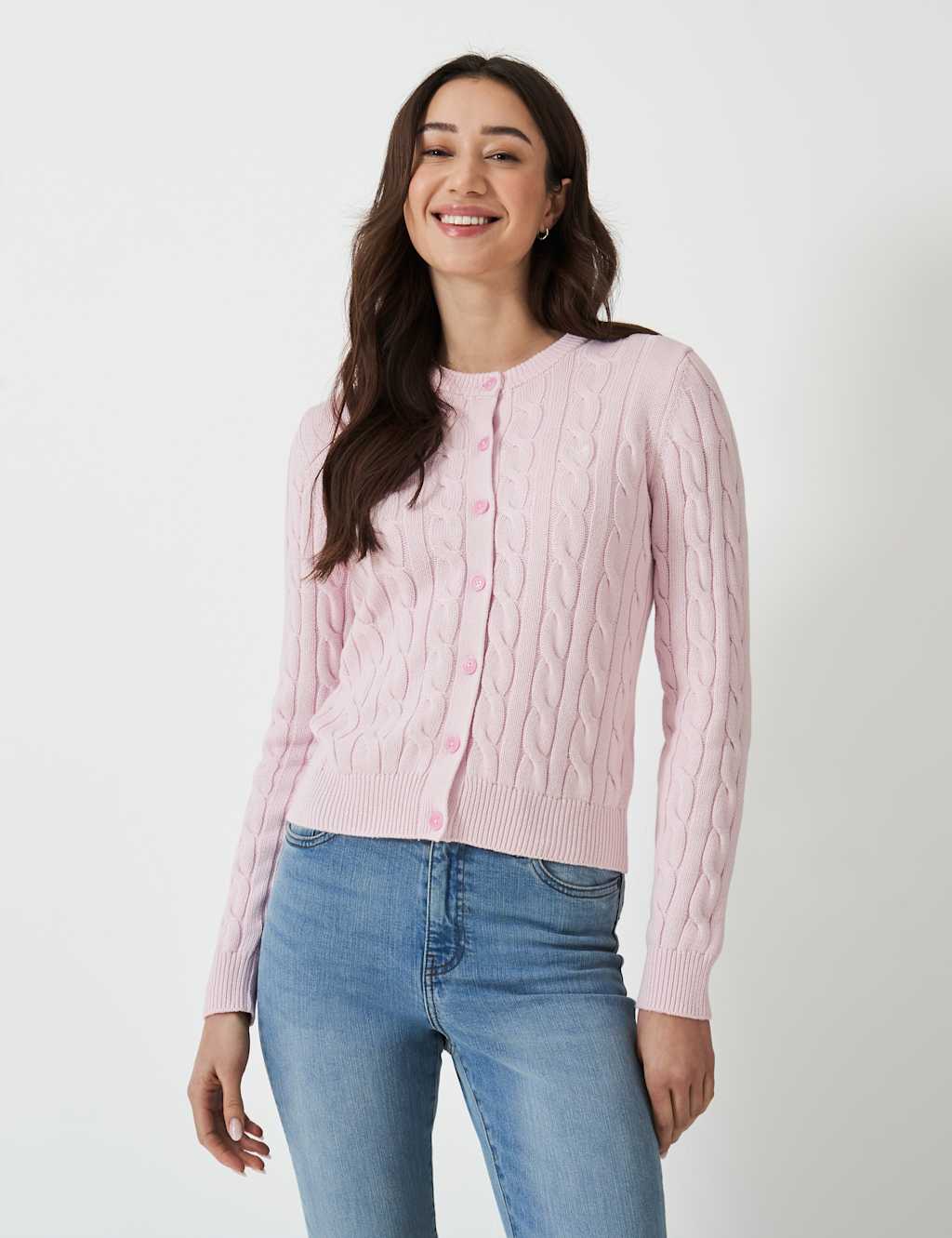 Crew Clothing Pure Cotton Cable Knit Crew Neck Cardigan Light Pink