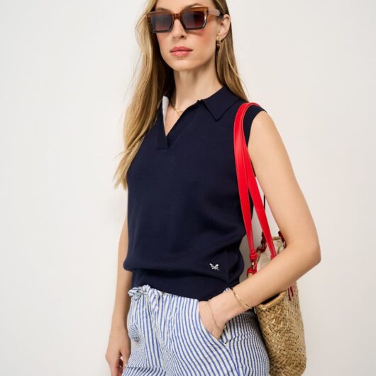 Crew Clothing Pure Cotton Collared Knitted Vest Navy
