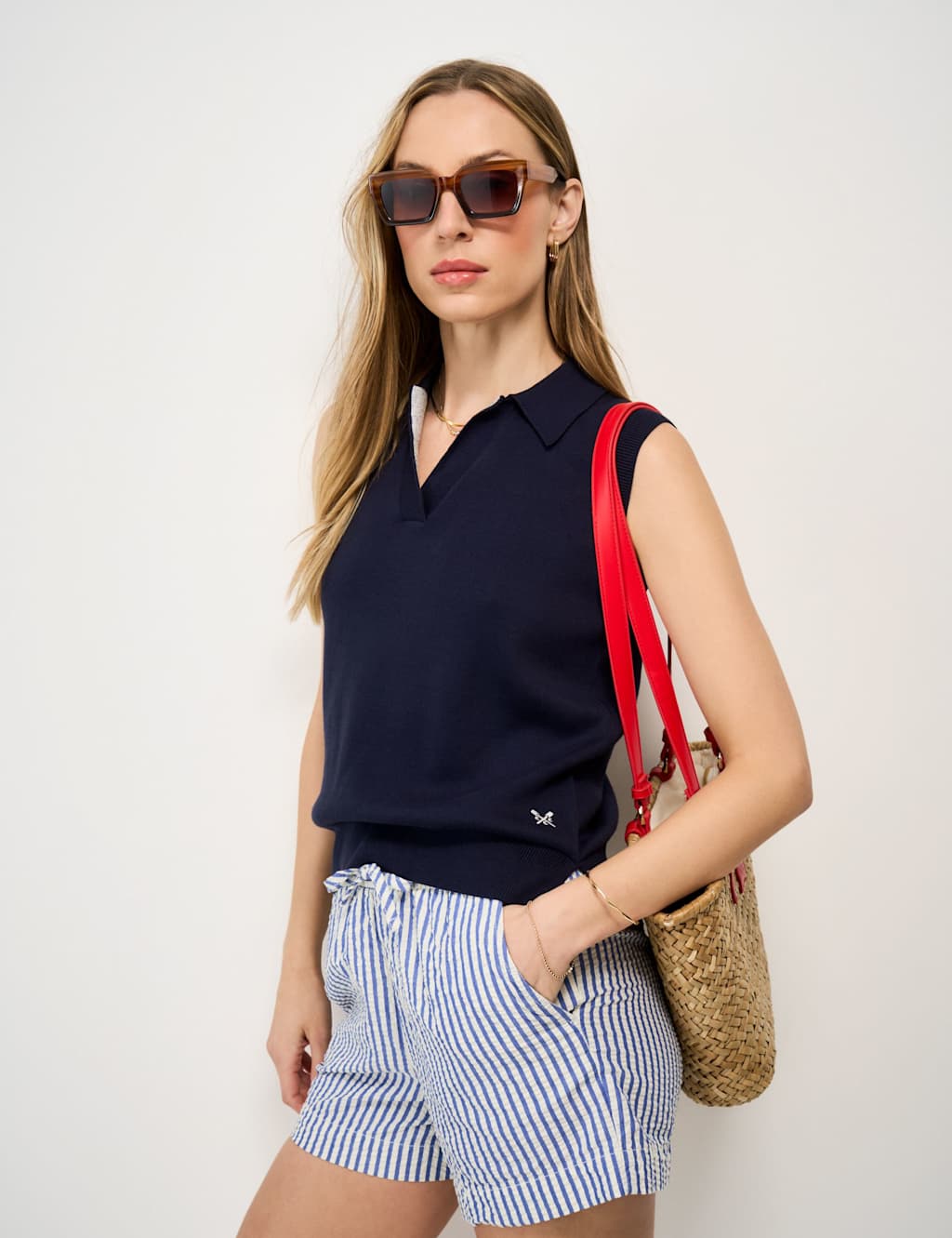 Crew Clothing Pure Cotton Collared Knitted Vest Navy