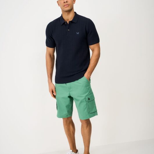 Crew Clothing Pure Cotton Herringbone Knitted Polo Shirt Dark Navy
