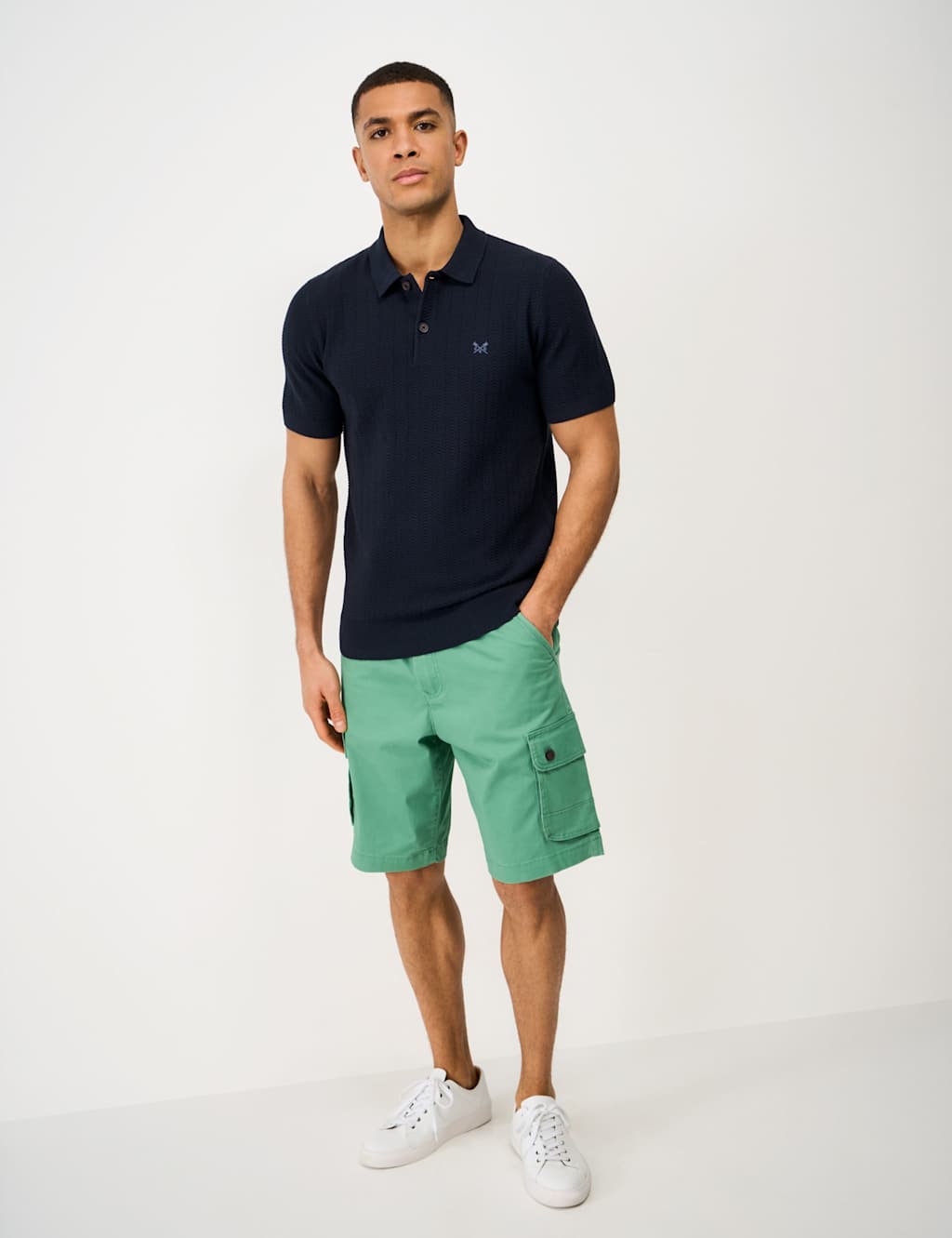 Crew Clothing Pure Cotton Herringbone Knitted Polo Shirt Dark Navy