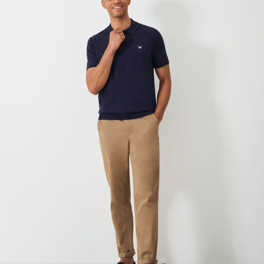 Crew Clothing Pure Cotton Knitted Jersey Polo Shirt Dark Blue