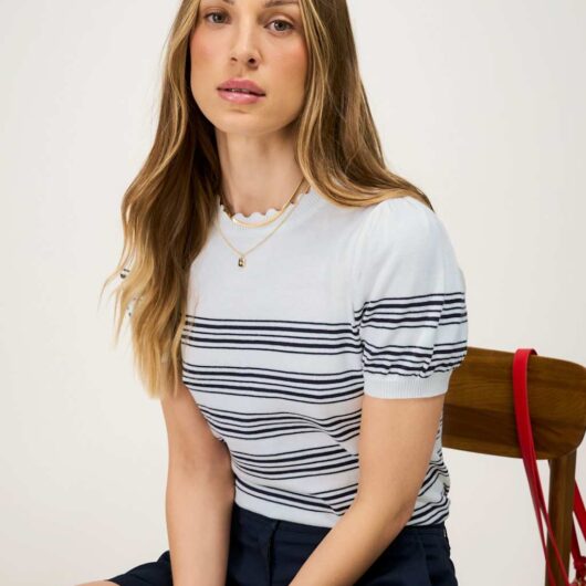 Crew Clothing Pure Cotton Striped Scallop Edge Knitted Top Blue Mix