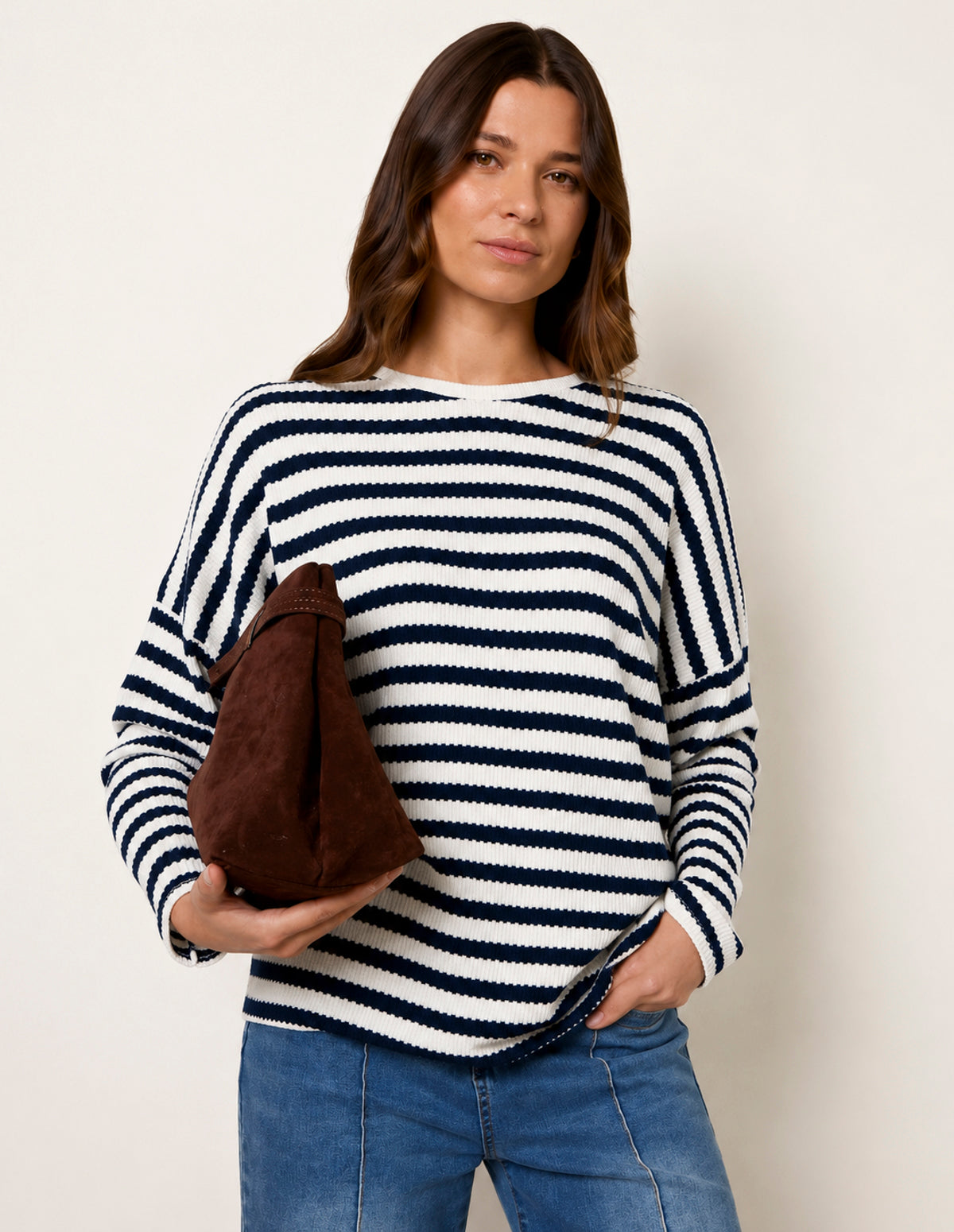 Cut and Sew Knit Stripe Top - ONE / NAVY/WHITE