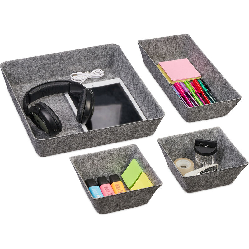 Drawer Organiser Felt, Set of 4 Baskets in 3 Sizes, Insert, Felt Trays, Storage for Office and Home, Grey - Relaxdays