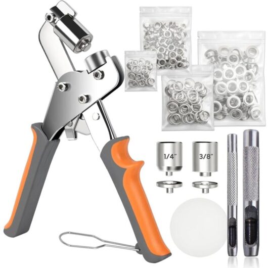 Eyelet Pliers Kit With 200 Metal Eyelets - Double Pliers 3/8" and 1/4" for Installation in Tarpaulins, Fabrics, Curtains, Leather, and Vinyl Materials