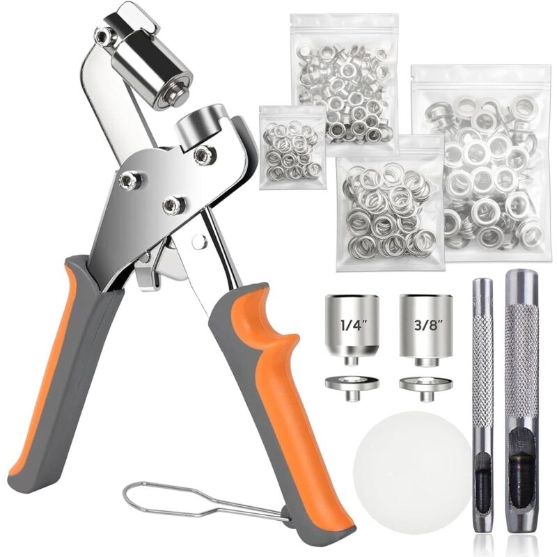 Eyelet Pliers Kit With 200 Metal Eyelets - Double Pliers 3/8" and 1/4" for Installation in Tarpaulins, Fabrics, Curtains, Leather, and Vinyl Materials