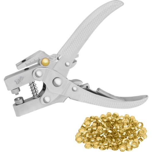 Eyelet Pliers with 100 Eyelets - 16 cm Leather Belt Hole Punch - 7.2 mm Gold Metal Eyelets - for Fabrics, Clothing, Shoes, Bags and Crafts