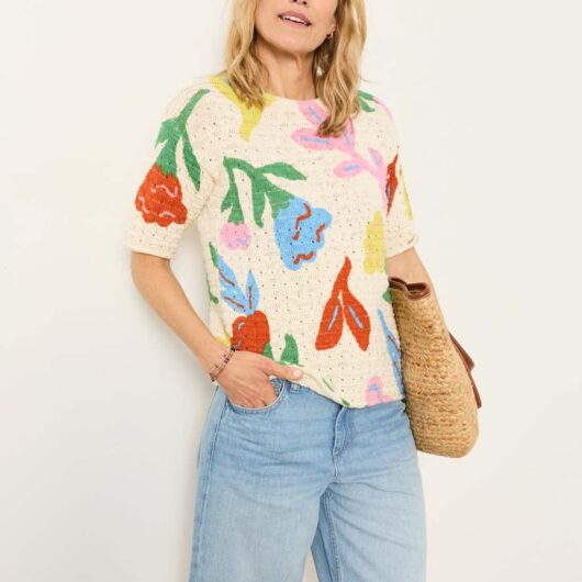 FatFace Pure Cotton Floral Knitted Top Ivory Mix