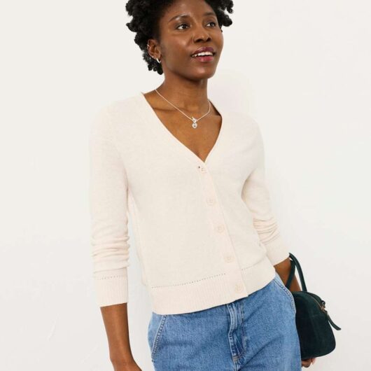 FatFace Pure Cotton Textured V-Neck Cardigan Oatmeal