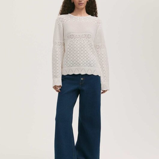 Finery London Pure Cotton Broderie Knitted Top Ivory