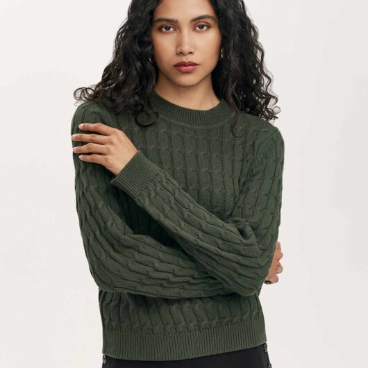 Finery London Pure Cotton Cable Knit Crew Neck Jumper Green