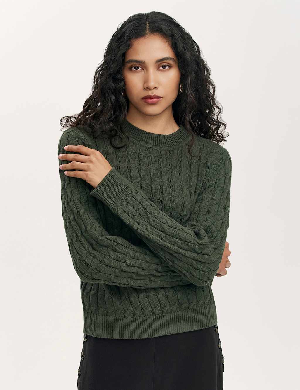 Finery London Pure Cotton Cable Knit Crew Neck Jumper Green