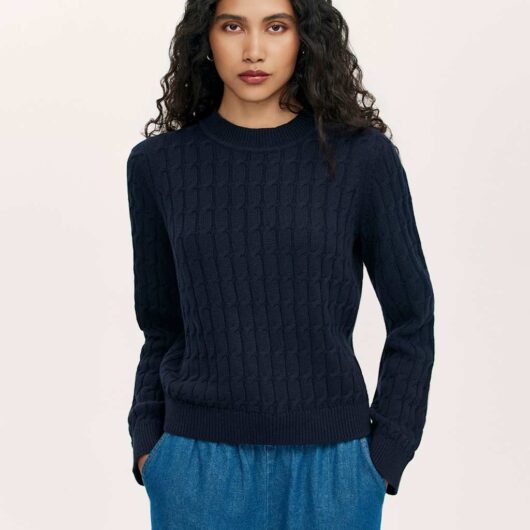 Finery London Pure Cotton Cable Knit Crew Neck Jumper Navy