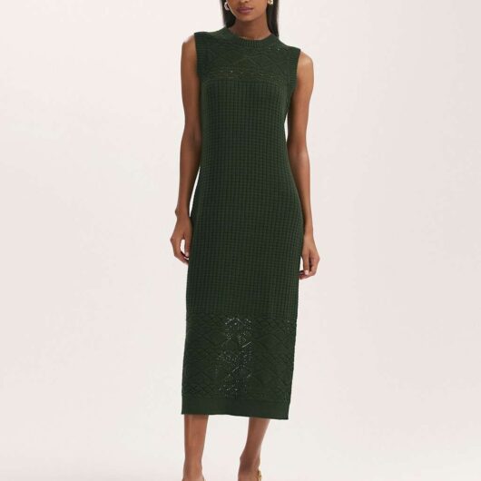 Finery London Pure Cotton Knitted Midi Bodycon Dress Khaki