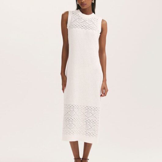 Finery London Pure Cotton Knitted Midi Bodycon Dress Natural