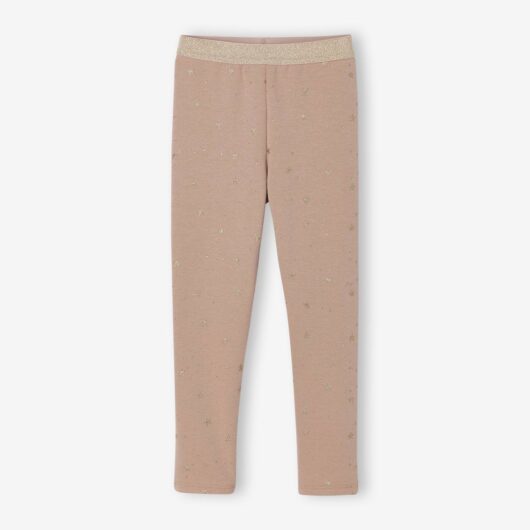 Fleece-Lined Leggings with Shiny Star Print for Girls mocha