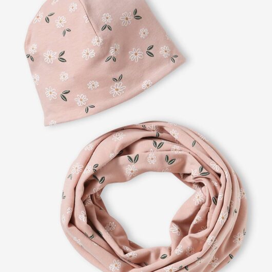 Floral Beanie + Infinity Scarf Set for Girls rosy