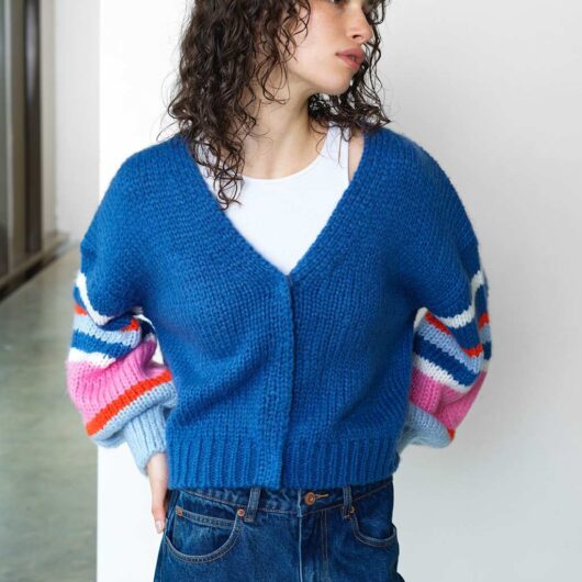 French Connection Ribbed V-Neck Cardigan Blue Mix