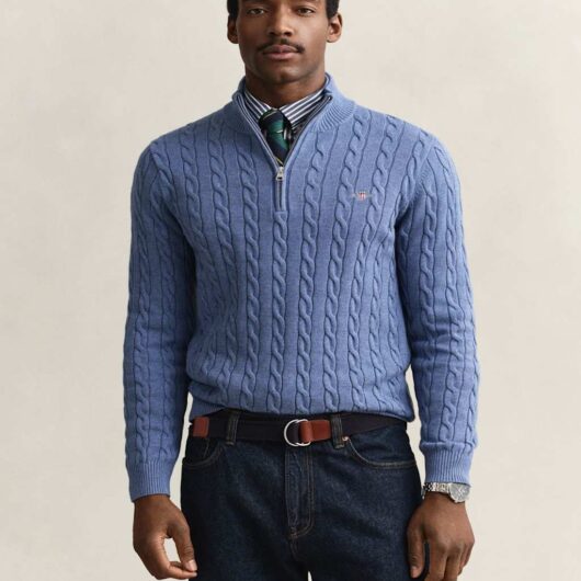 GANT Pure Cotton Cable Half Zip Jumper Blue Denim