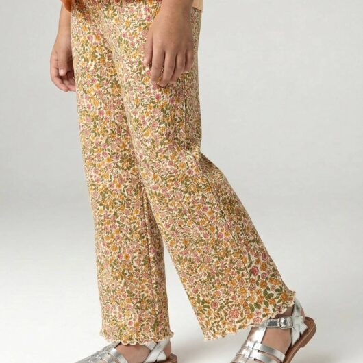 Girls' ribbed knit leggings printed white
