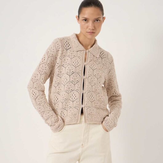 HUSH Pure Cotton Open Knit Collared Cardigan Ecru