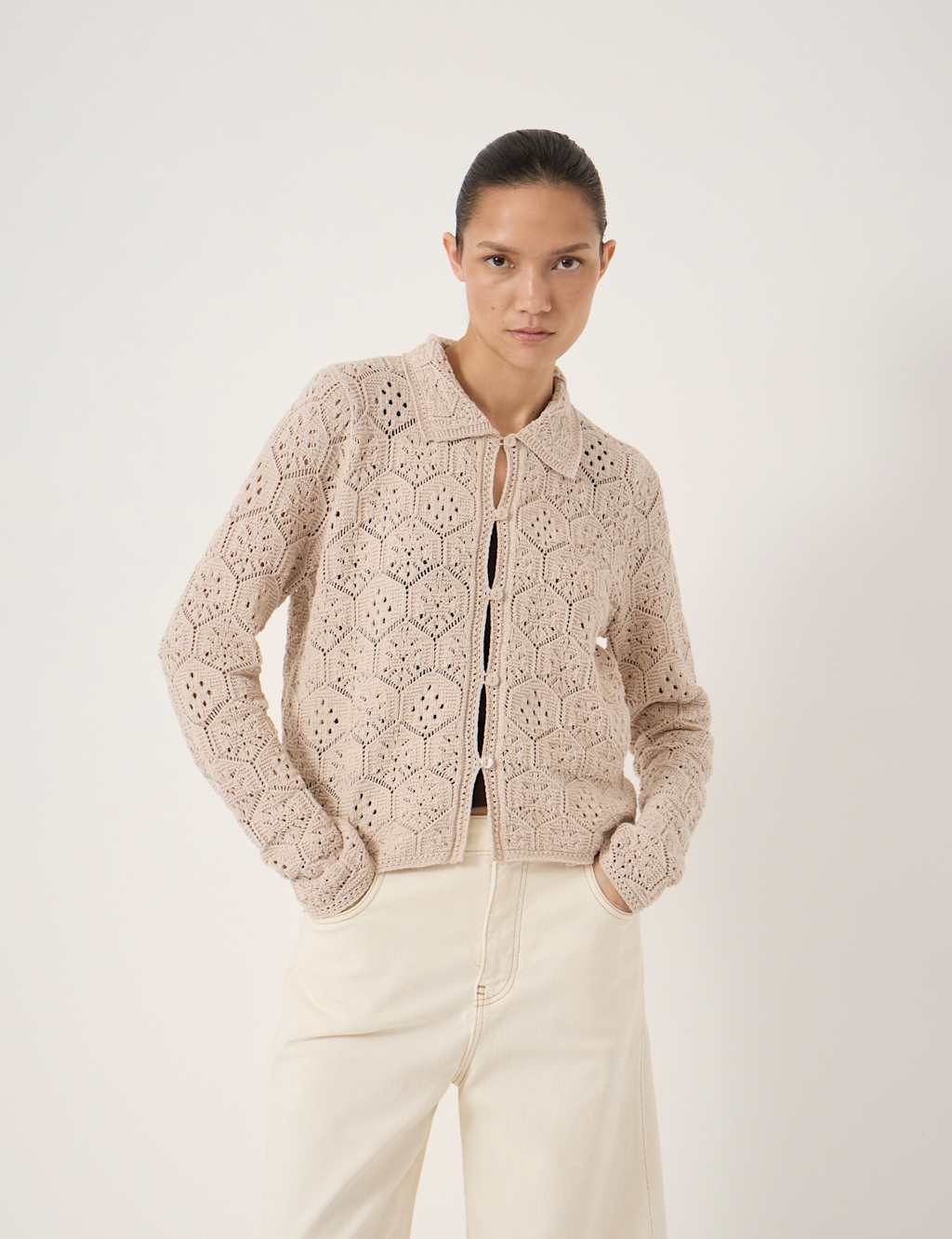 HUSH Pure Cotton Open Knit Collared Cardigan Ecru