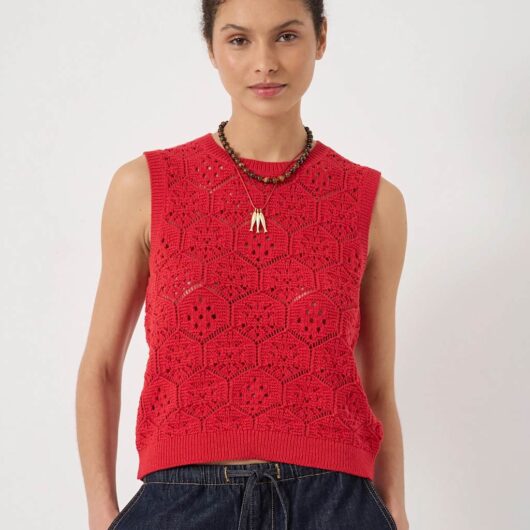 HUSH Pure Cotton Open Knit Vest Red