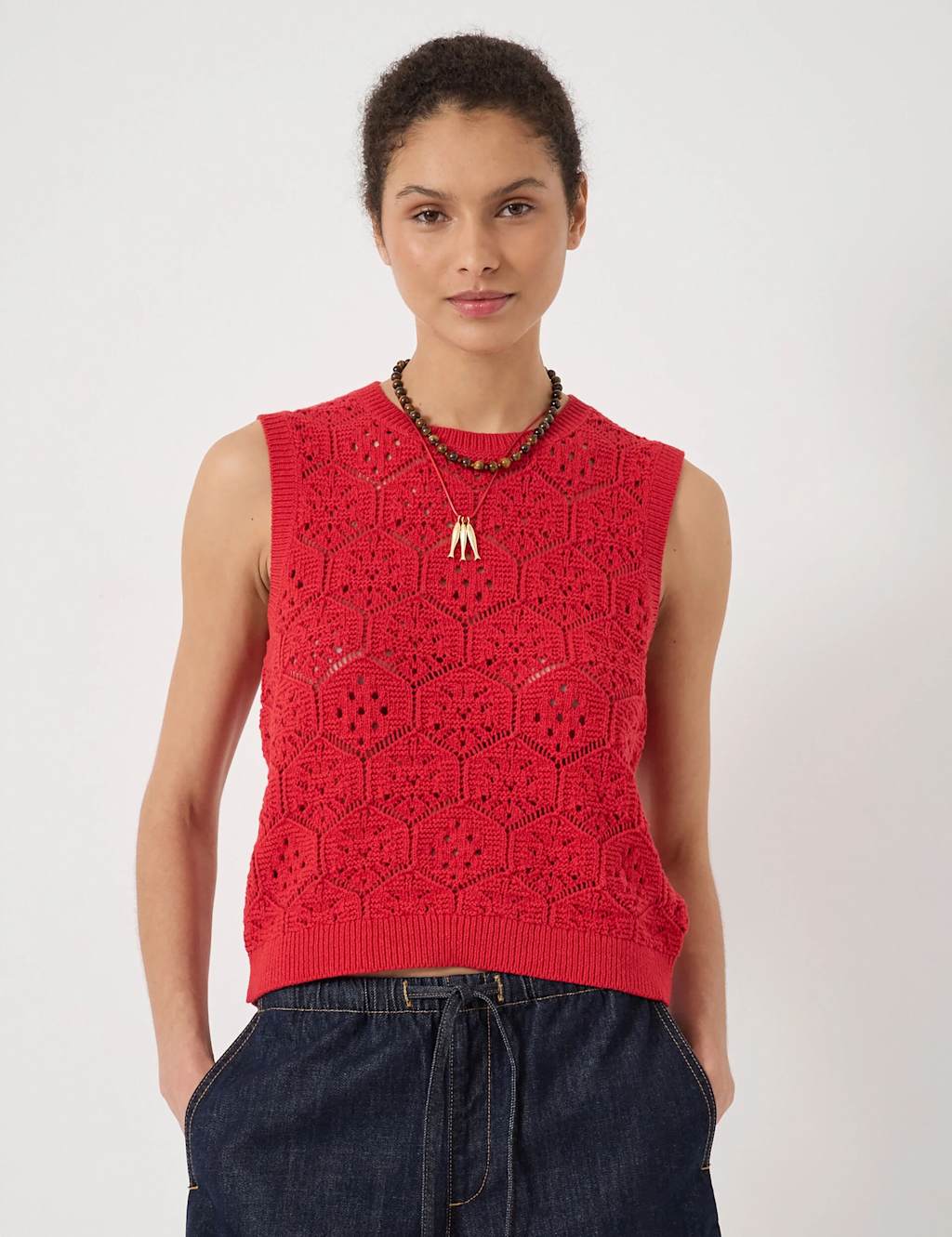 HUSH Pure Cotton Open Knit Vest Red