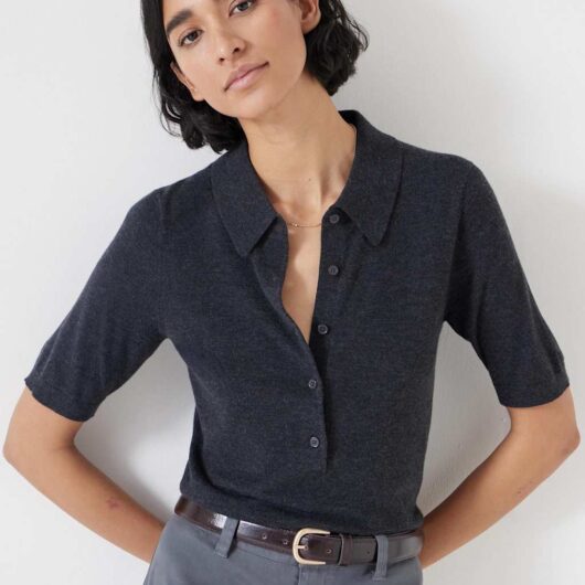 HUSH Wool Blend Collared Neck Knitted Top Charcoal