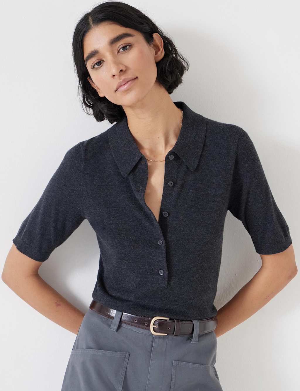HUSH Wool Blend Collared Neck Knitted Top Charcoal