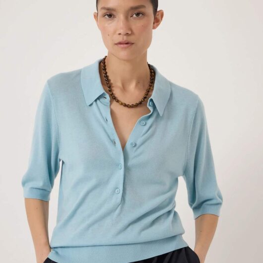 HUSH Wool Blend Polo Neck Knitted Top Light Blue