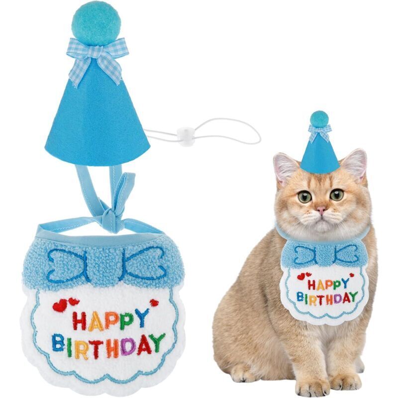 Happy Birthday Pet Bandana for Cats and Dogs - Party Scarves and Hats - Mini Dog - Pet Accessories - Blue