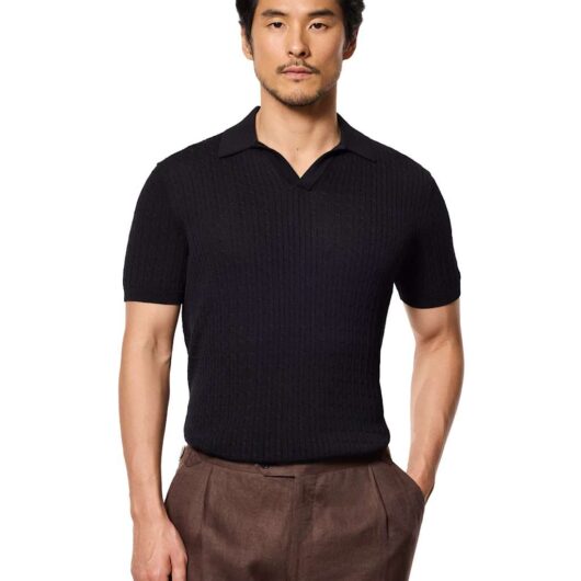 Hawes & Curtis Pure Cotton Cable Knit Polo Shirt Black