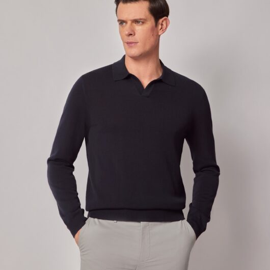 Hawes & Curtis Pure Cotton Open Collar Knitted Polo Shirt Black