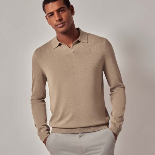 Hawes & Curtis Pure Cotton Open Collar Knitted Polo Shirt Taupe