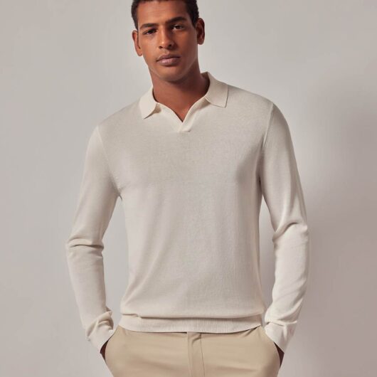 Hawes & Curtis Pure Cotton Open Neck Knitted Polo Shirt Cream
