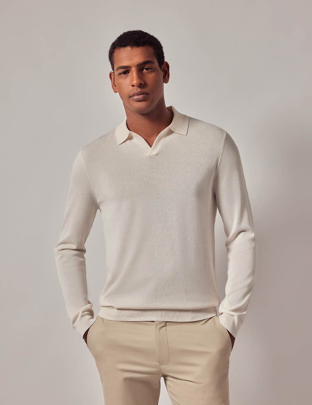 Hawes & Curtis Pure Cotton Open Neck Knitted Polo Shirt Cream