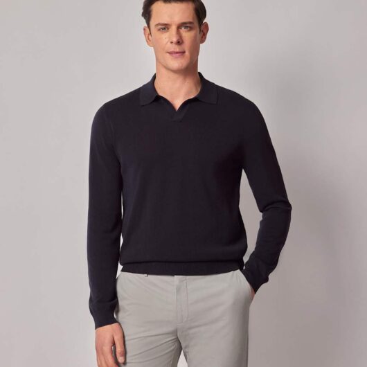 Hawes & Curtis Pure Cotton Open Neck Knitted Polo Shirt Dark Navy