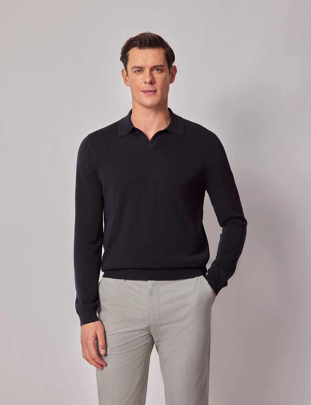 Hawes & Curtis Pure Cotton Open Neck Knitted Polo Shirt Dark Navy