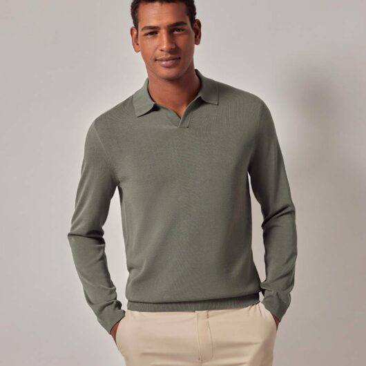 Hawes & Curtis Pure Cotton Open Neck Knitted Polo Shirt Green