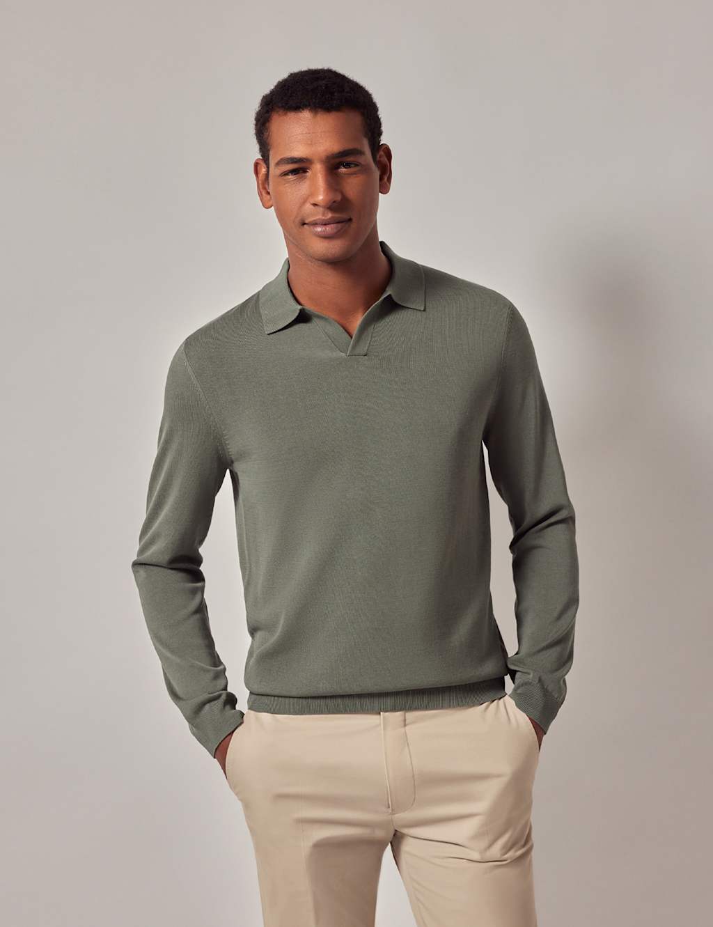 Hawes & Curtis Pure Cotton Open Neck Knitted Polo Shirt Green