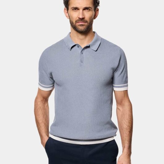 Hawes & Curtis Pure Cotton Textured Knitted Polo Shirt Blue